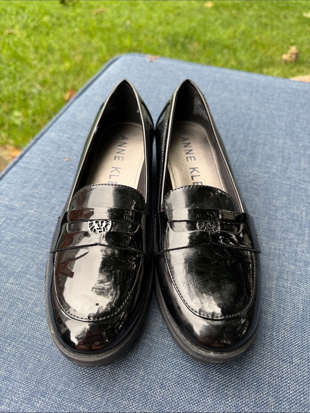 Anne Klein Black Patent Loafers with Penny Strap